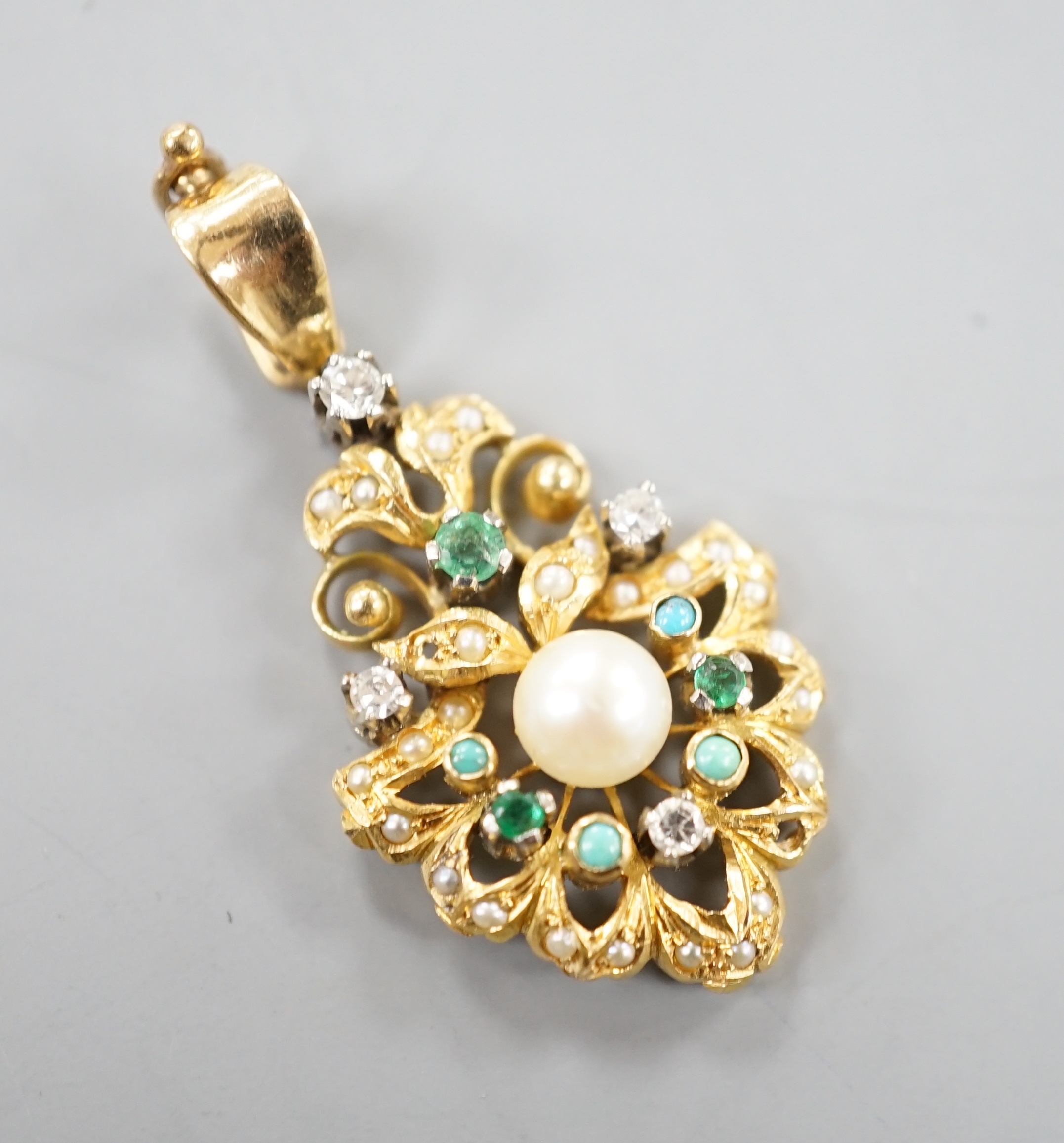 A continental, yellow metal, diamond, emerald, turquoise and cultured pearl set pendant, overall 35mm, gross weight 4.1 grams.